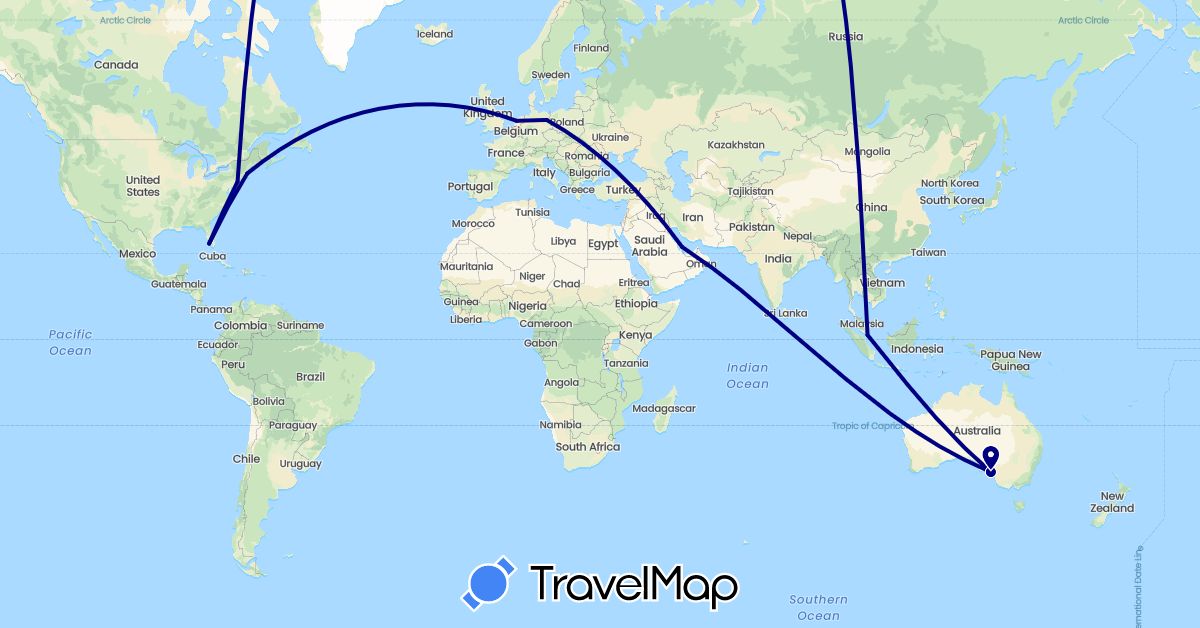 TravelMap itinerary: driving in Australia, Germany, Netherlands, Qatar, Singapore, United States (Asia, Europe, North America, Oceania)